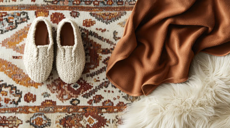 Flat-soled leather moccasins placed diagonally on a vintage rug background for a cozy indoor vibeの素材