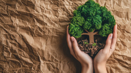 Green tree cutout shape held in fabric-formed hands over brown paper textureの素材