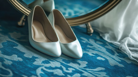 Leather shoes with smooth flat soles beside a mirror, reflecting their elegant shapeの素材