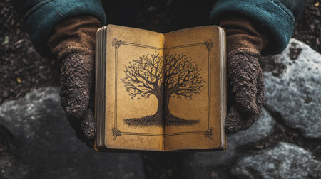 Open sketchbook with a tree illustration held by two gloved hands on stone backgroundの素材