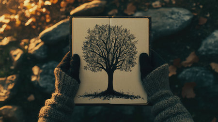 Open sketchbook with a tree illustration held by two gloved hands on stone backgroundの素材