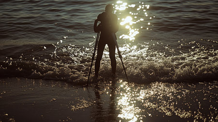 Tripod and camera silhouette outlined by the sun's reflection on the sea, waves softly rolling in behindの素材