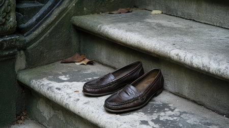 Pair of worn flat leather shoes placed on outdoor stone steps showing subtle use and textureの素材