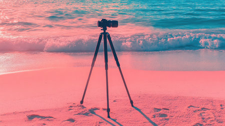 Tripod casting a long shadow across golden beach sands in front of glowing sea waterの素材