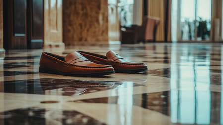 Side-by-side view of polished leather shoes with flat soles on a sleek marble floorの素材