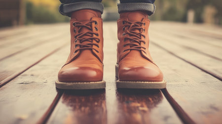 Stylish leather shoes with flat soles captured from a low angle on polished wooden surfaceの素材
