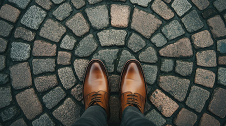 Top-down minimalist photo of leather shoes with flat soles arranged in negative spaceの素材