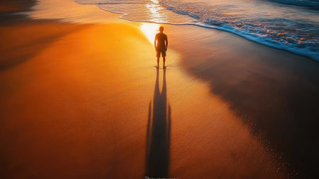 Tripod shadow overlaps waves and sand in warm golden light with empty beachの素材