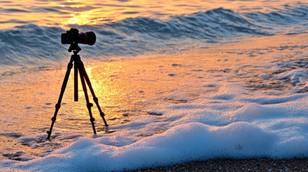 Tripod silhouette and sea shells near ocean foam glowing under sunset huesの素材