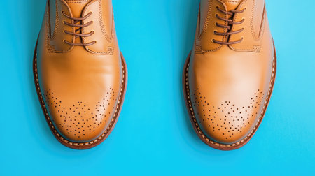 Top-down minimalist photo of leather shoes with flat soles arranged in negative spaceの素材