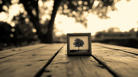 Sepia-toned tree photo gently pressed in palm-shaped bookends on wooden floorの素材
