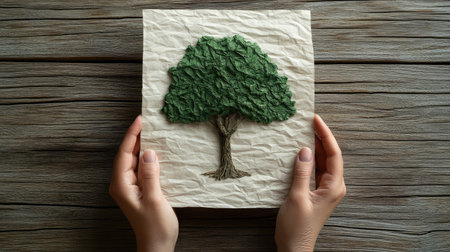 Tree illustration on recycled paper resting in open hands over a rustic wooden benchの素材