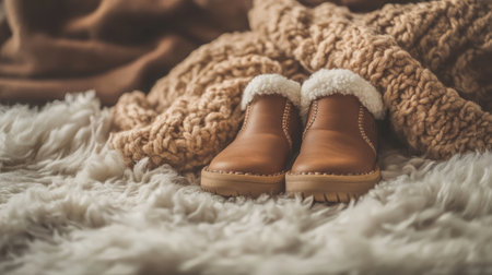 Warm toned leather shoes with flat soles resting on a soft fleece clothの素材