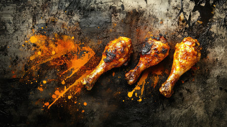 Abstract composition of sauce-splattered chicken drumsticks on textured backdropの素材