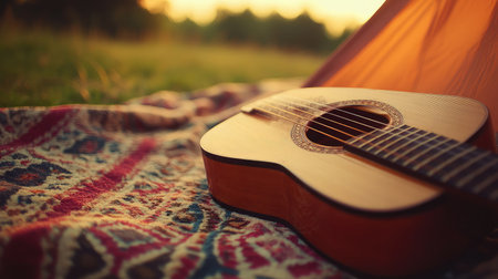 Acoustic guitar laid on a patterned blanket near a camping tent at duskの素材
