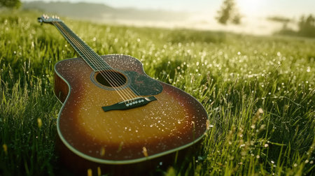 Acoustic guitar lying in a green grassy field with morning dew and misty backdropの素材