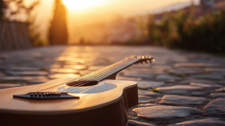 Acoustic guitar placed on a stone floor with soft rays of sunlight creating contrastの素材