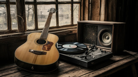 Acoustic guitar placed next to a turntable and speaker setup in retro roomの素材