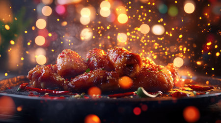 Boldly lit platter of glazed spicy chicken wings in motion blur style with scattered chili seedsの素材