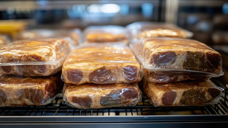 Bulk packages of pork chops tightly sealed in clear film on a metal shelfの素材