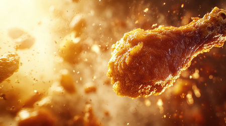 Close-up of spicy fried chicken drumsticks with thick chili glaze and crispy texture under warm lightingの素材