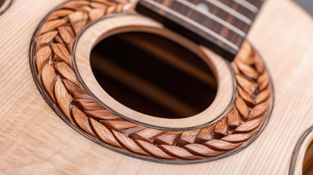 Detailed image of rosette design around the sound hole on a light wood guitarの素材