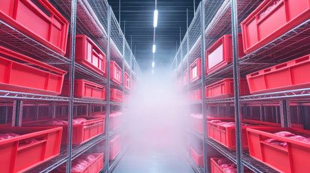 Cold storage environment with fog rising as meat crates rest on wire shelvesの素材