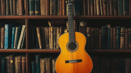 Classic acoustic guitar leaning against a bookshelf filled with vintage booksの素材