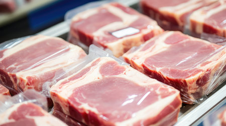 Clean room in a meat processing plant with rows of packaged pork laid out for inspectionの素材