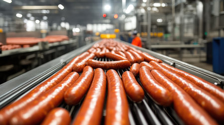 Conveyor system view showing packed sausages moving toward loading areaの素材