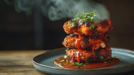 Bold red sauce dripping off a stack of spicy fried chicken placed on a ceramic plate with steam risingの素材