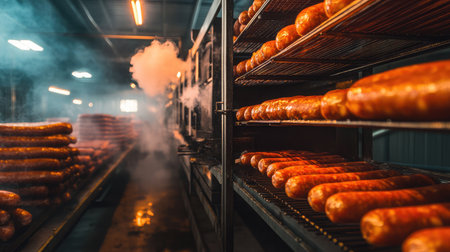 Commercial meat smoker interior with racks full of smoking sausagesの素材