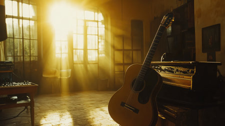 Guitar in soft warm spotlight with long shadows in a minimal music studioの素材