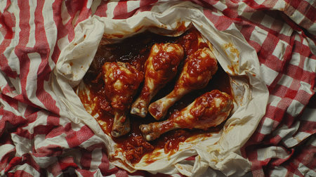 High-angle view of saucy chicken drumsticks on a red and white checkered cloth, styled for food photographyの素材