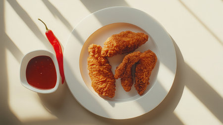 Fried chicken with red chili sauce styled on a minimalist background with clean shadows and contrastの素材