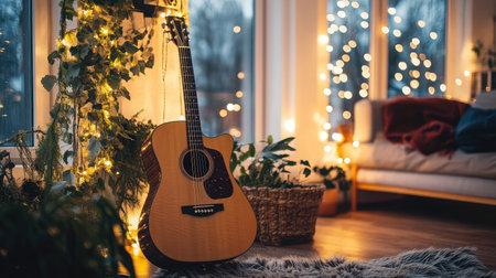 Guitar framed by indoor plants and ambient lighting in a modern living spaceの素材