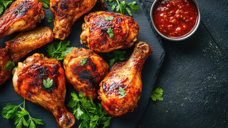 Glazed spicy fried chicken bites served on a slate platter with vibrant green herbs and dipping bowlの素材