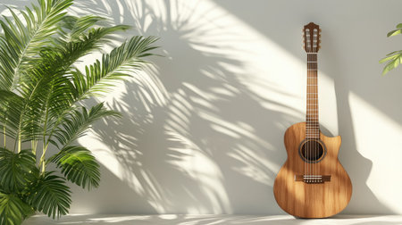 Guitar in corner of a modern room with shadow play on the white wall behindの素材