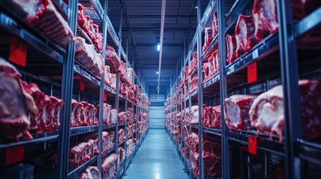 Industrial cold room with rows of carcasses hanging uniformly from overhead railsの素材