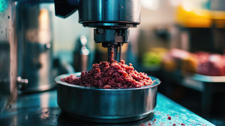 Industrial meat grinder with ground beef coming out onto a sanitized steel surfaceの素材