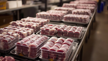 Meat packaging trays stacked and labeled by weight and content on line beltの素材