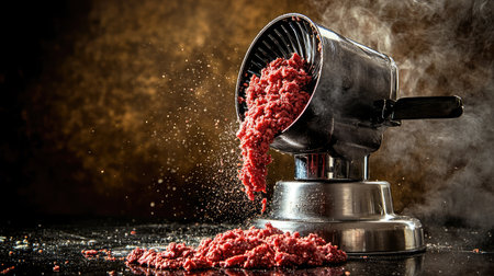 Industrial meat grinder with ground beef coming out onto a sanitized steel surfaceの素材
