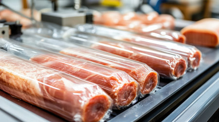 Large rolls of clear plastic film beside industrial meat packaging machineの素材