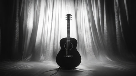 Monochrome silhouette of acoustic guitar against a white curtain with backlightの素材