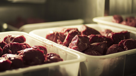 Plastic bins full of meat trimmings awaiting processing inside a commercial facilityの素材