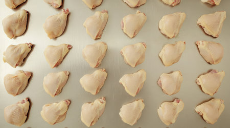 Raw chicken thighs spread out evenly on a disinfected stainless steel tableの素材