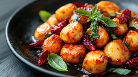Red chili sauce glistening over golden brown chicken bites, styled on a black stoneware dishの素材