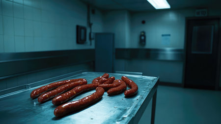 Raw sausages lined up on a stainless steel table in a hygienic meat processing roomの素材