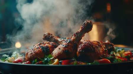 Spicy chicken platter styled with dark background, steam and warm tones highlighting gloss and crispinessの素材