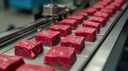 Stainless steel meat slicer with freshly cut beef slices neatly arranged on a tray in a clean processing facilityの素材